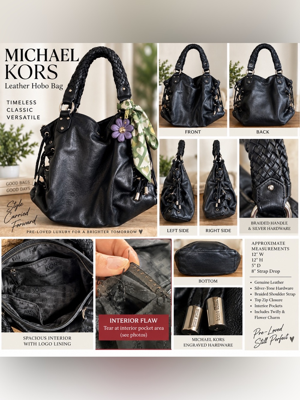Michael Kors Black Leather Grommet Hobo Bag - Braided Handle